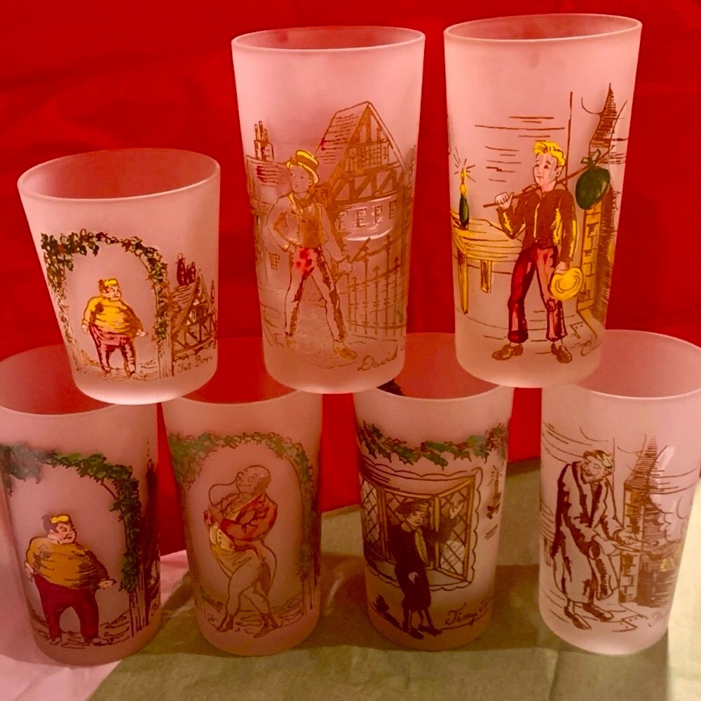 Vintage Frosted Glasses with Illustrated Characters